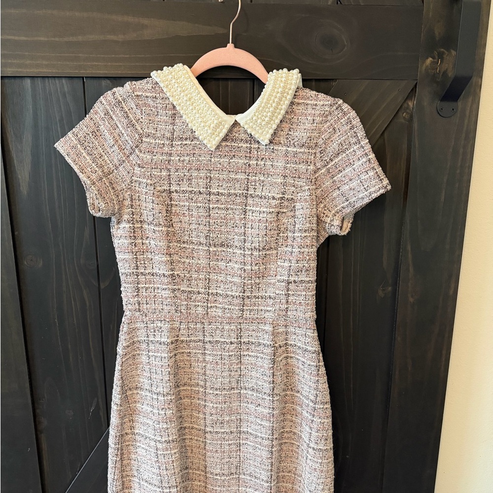 Francesca's Collections Pearl-Collar Tweed Dress in Blush and Ivory
